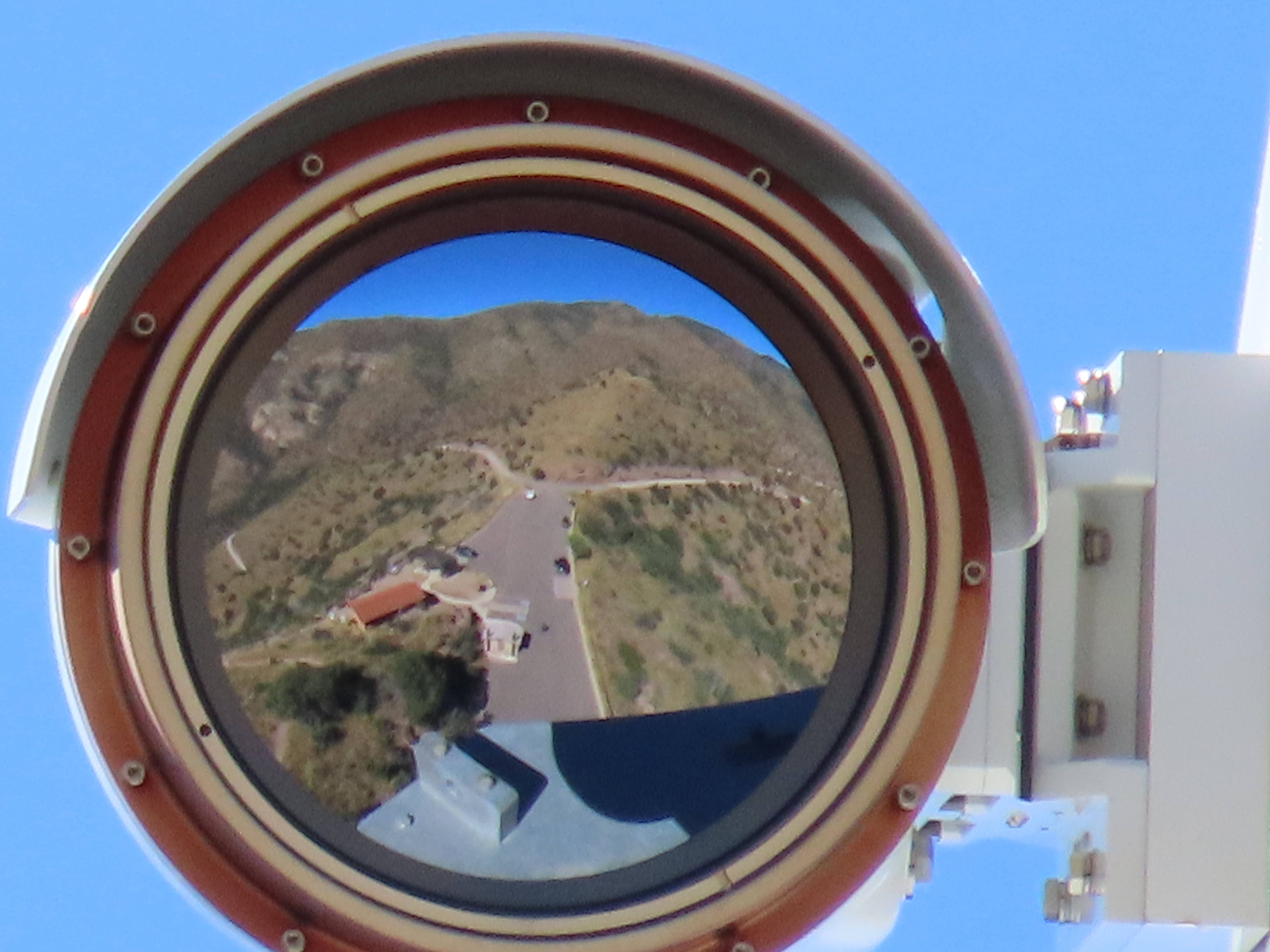 An extreme close-up shot of the lens of an Integrated Fixed Tower (IFT) camera on Coronado Peak, Cochise County, AZ