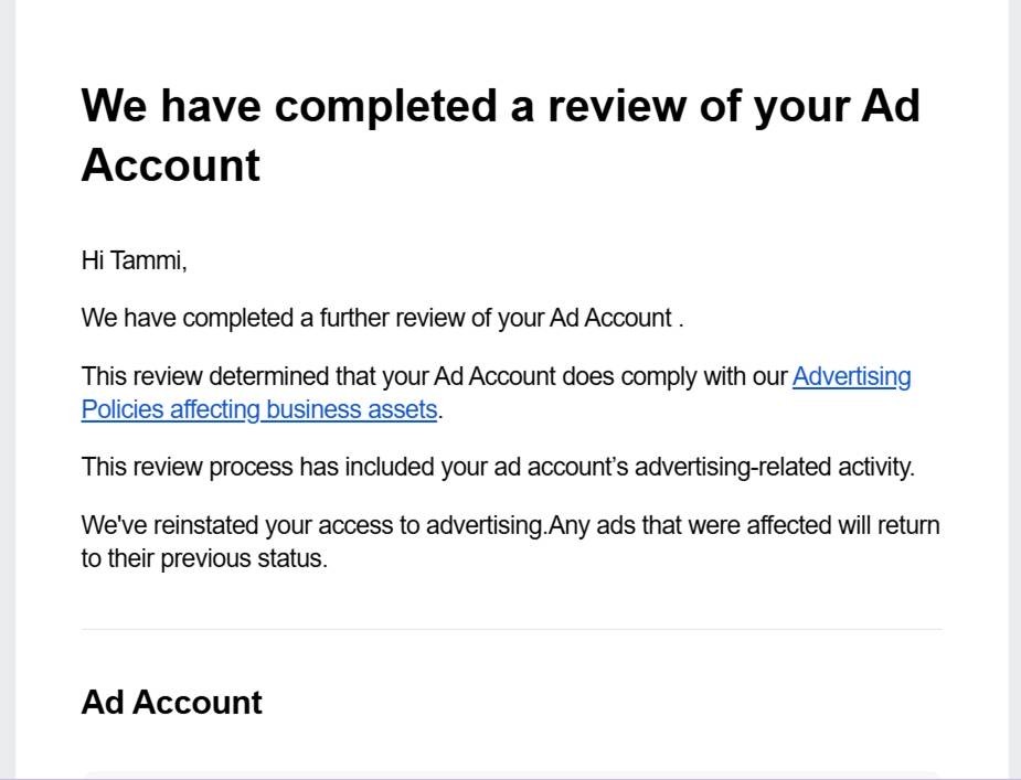 Screenshot of message Meta sent Red River Women's Clinic 