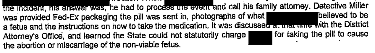 An excerpt from the police report, in which the detective talks about receiving evidence and calling the District Attorney's Office