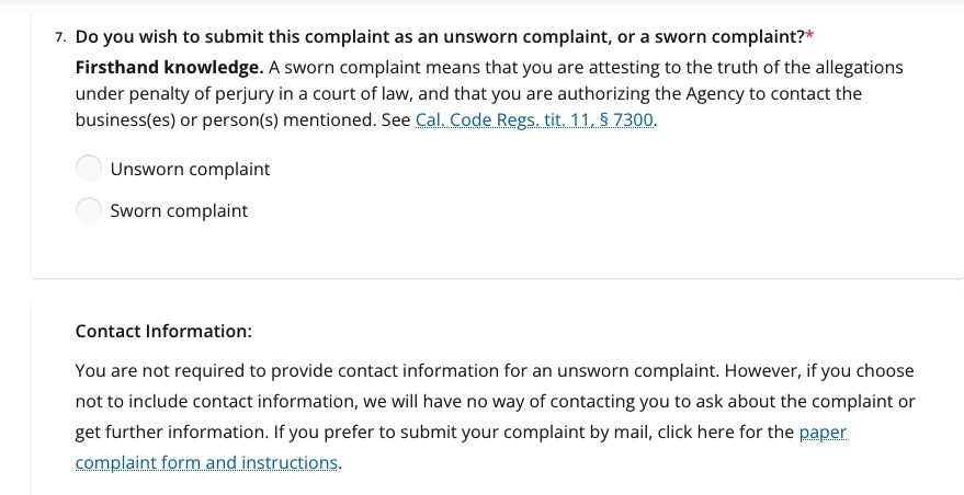 A screenshot of the CCPA's complaint page. This part of the form askes if you'd like to make a sworn or unsworn statement.