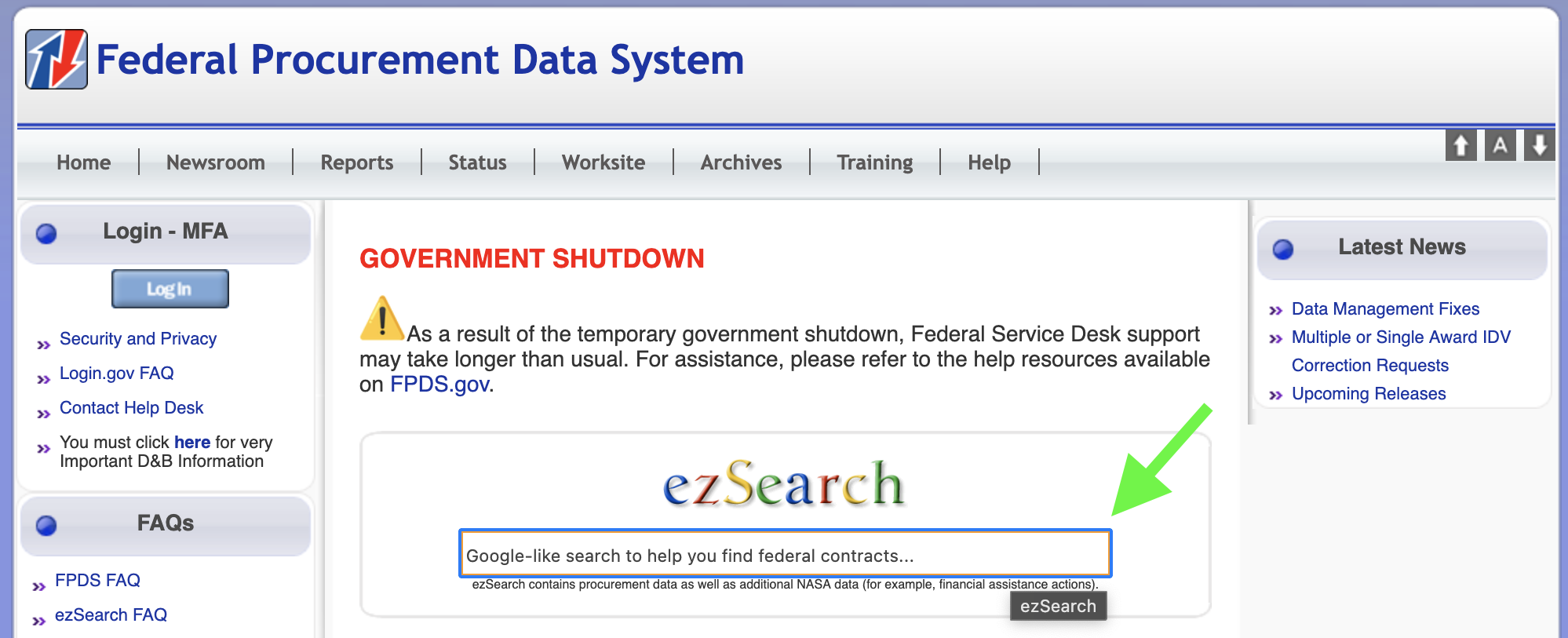 The EZ Search landing page for FPDS.gov