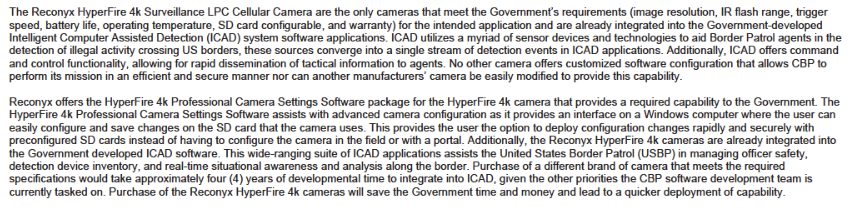 Explanation of why the government wants to purchase this particular model of camera.