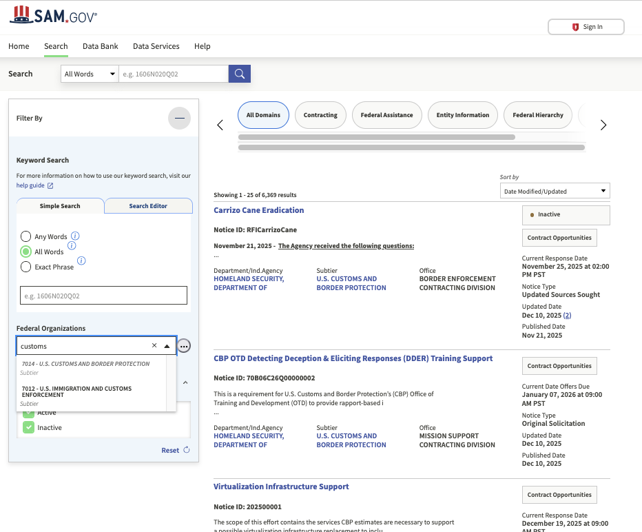 Sam.gov results for Customs and Border Patrol