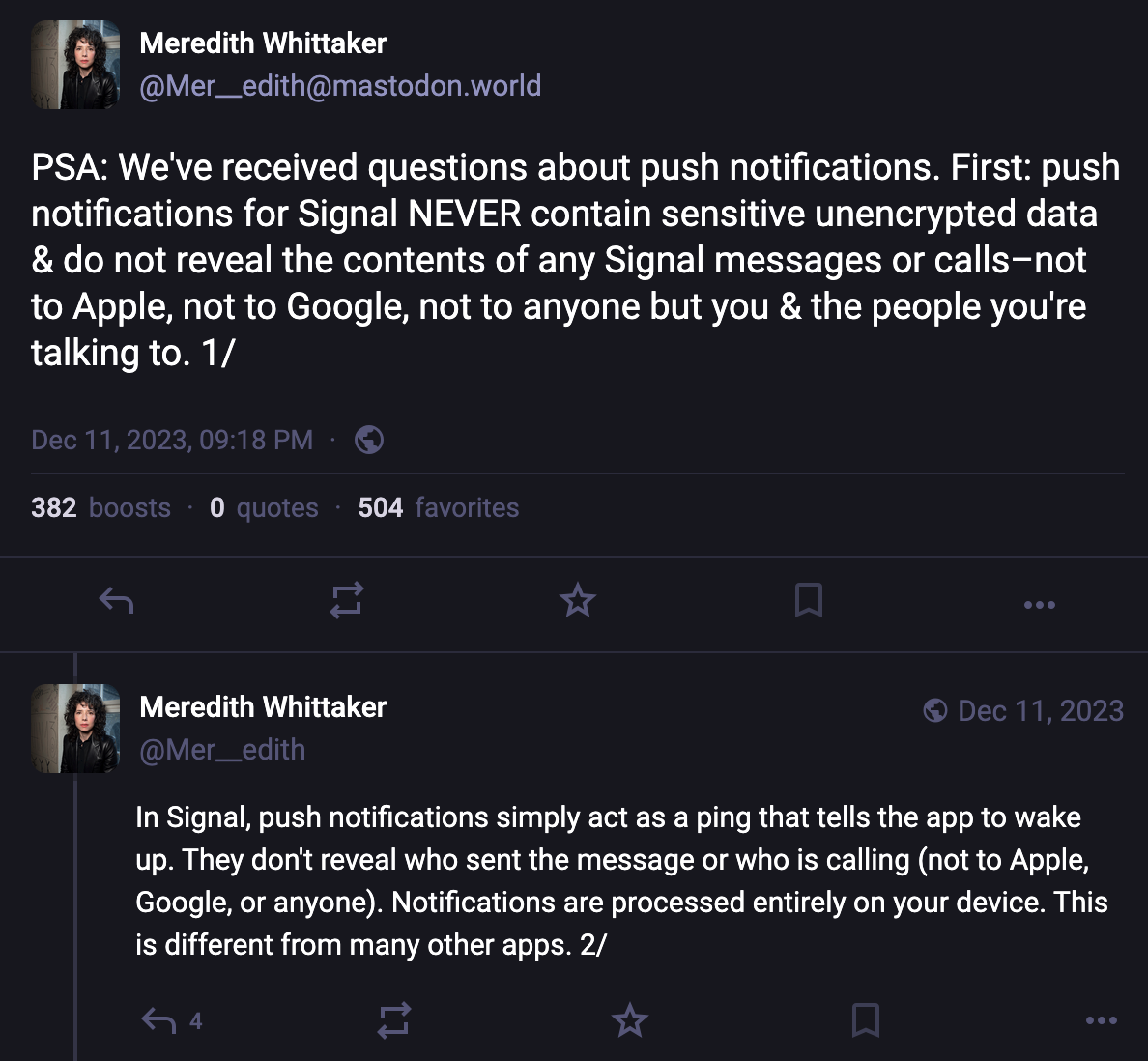  push notifications for Signal NEVER contain sensitive unencrypted data & do not reveal the contents of any Signal messages or calls-not to Apple, not to Google, not to anyone but you & the people you're talking to. 1/ In Signal, push notifications simply act as a ping that tells the app to wake up. They don't reveal who sent the message or who is calling (not to Apple, Google, or anyone). Notifications are processed entirely on your device. This